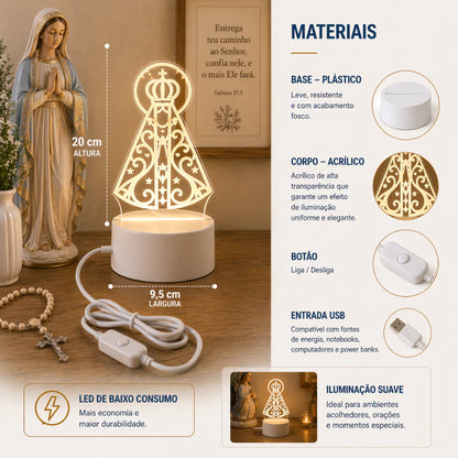 Luminária 3D Nossa Senhora Aparecida LED USB – Luz de Fé e Proteção